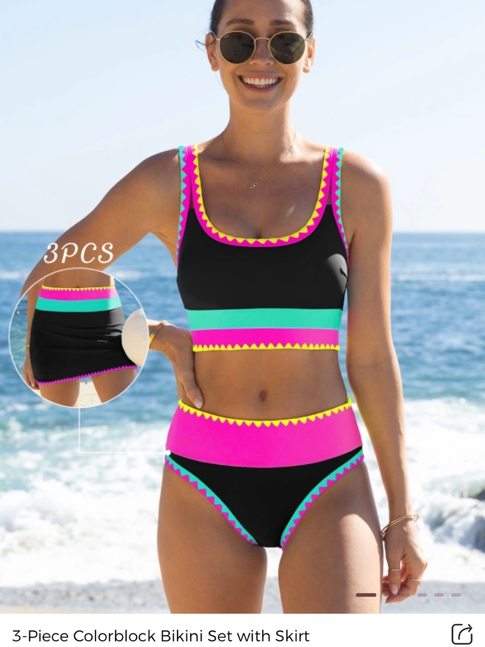 Popvil Colorblock Black & Hot Pink Women’s 3-Piece Bikini Set